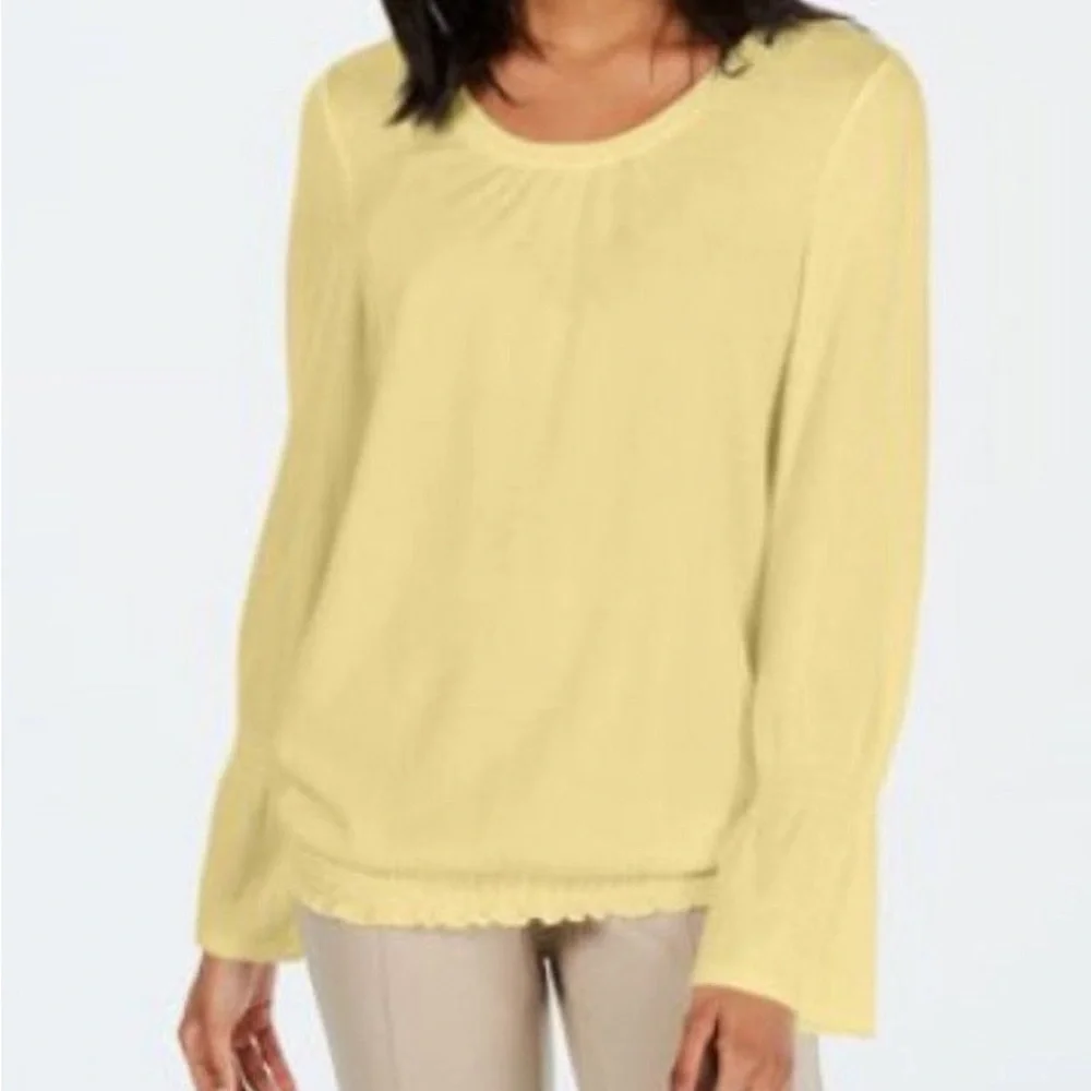 Style & Co Yellow Smocked Hem Lightweight Sweater Size Large - Picture 2 of 5